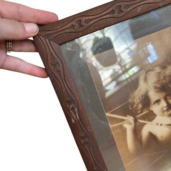 Antique Cupid Awake 1897 Black & White Print M. B. Parkinson carved wood frame - Picture 4 of 13